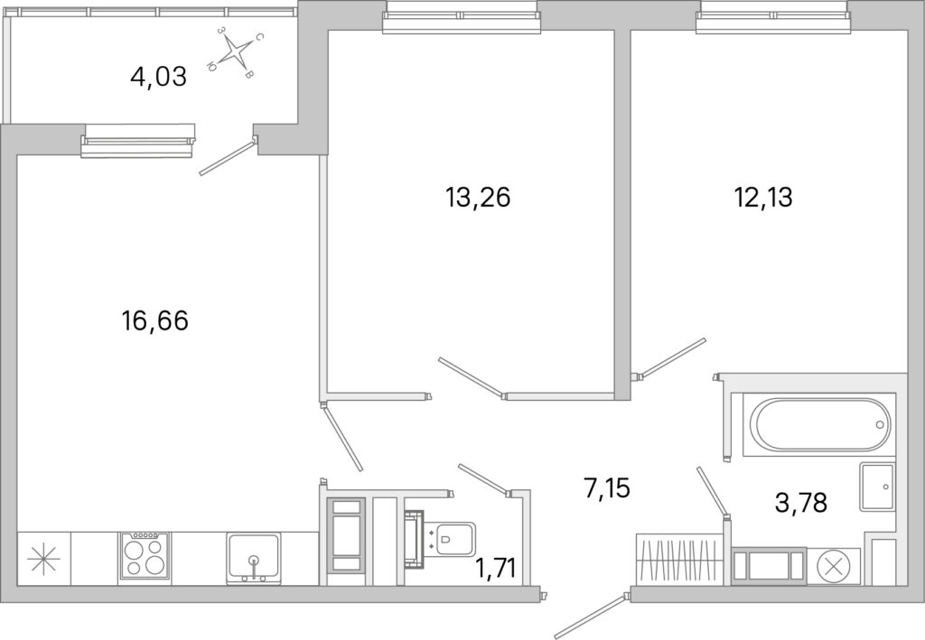 2-комнатная квартира 56.71 м2, 3-й этаж