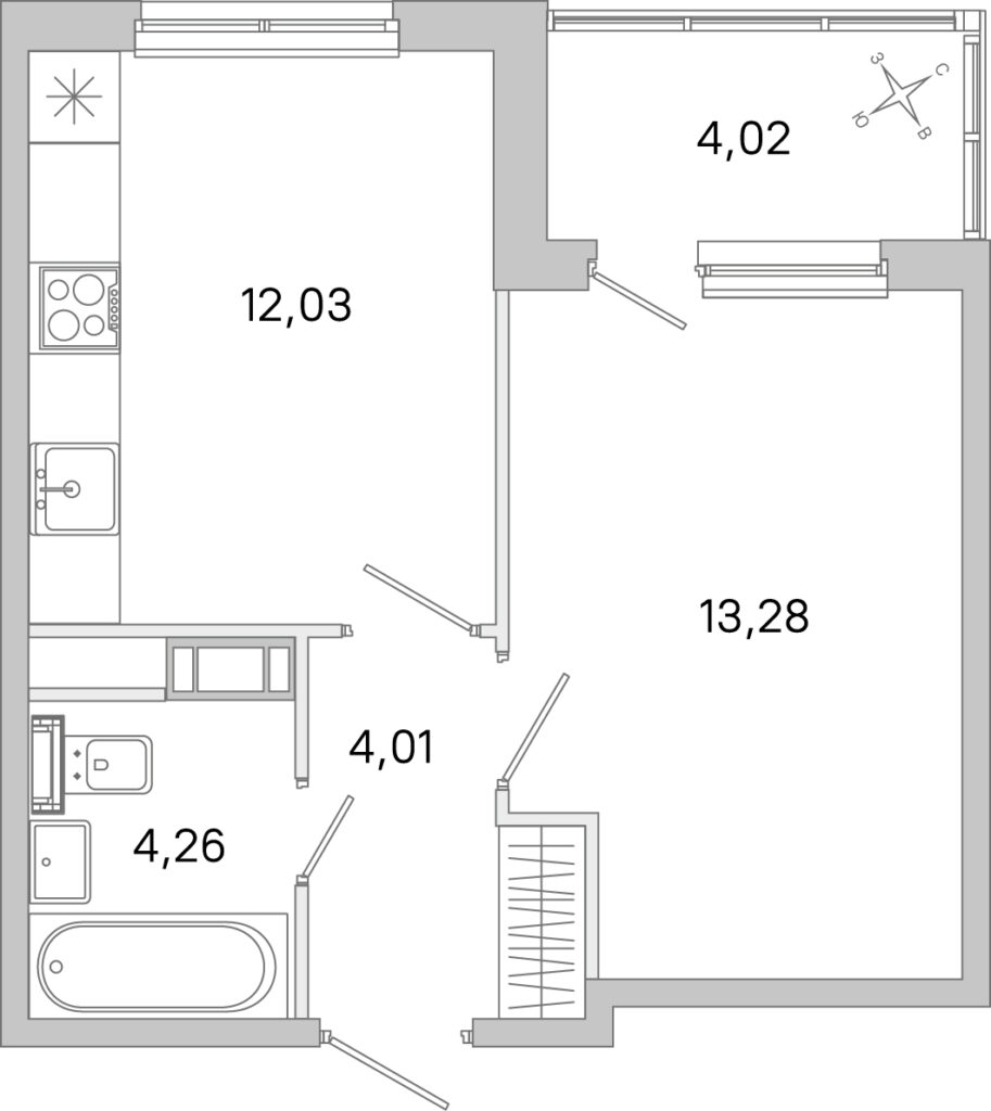 1-комнатная квартира 35.59 м2, 3-й этаж