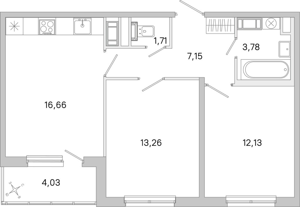 2-комнатная квартира 56.71 м2, 4-й этаж