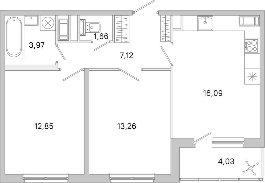 2-комнатная квартира 56.97 м2, 5-й этаж