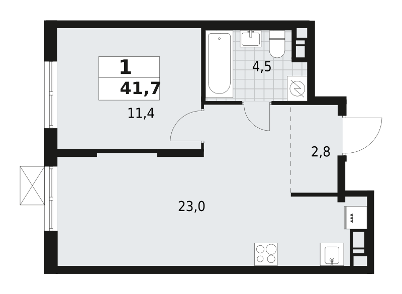 1-комнатная квартира 41.7 м2, 4-й этаж