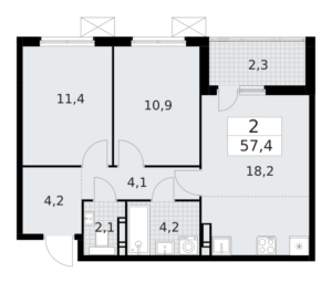 2-комнатная квартира 57.4 м2, 4-й этаж