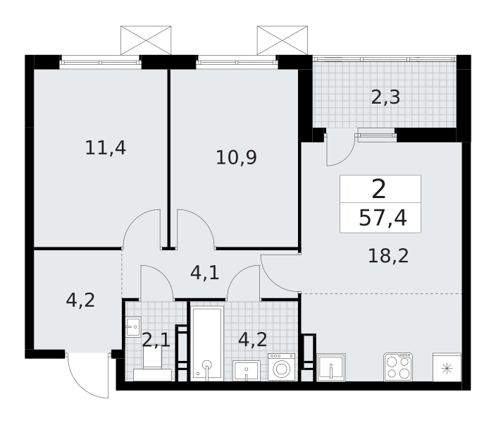 2-комнатная квартира 57.4 м2, 4-й этаж