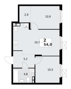 2-комнатная квартира 54 м2, 4-й этаж