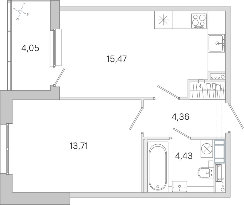 1-комнатная квартира 40 м2, 4-й этаж