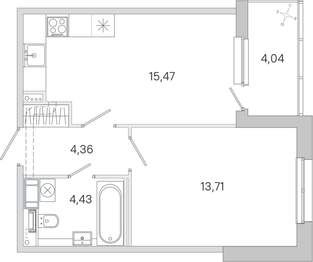 1-комнатная квартира 39.99 м2, 2-й этаж
