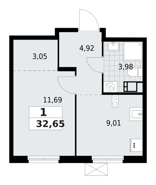 1-комнатная квартира 32.65 м2, 8-й этаж