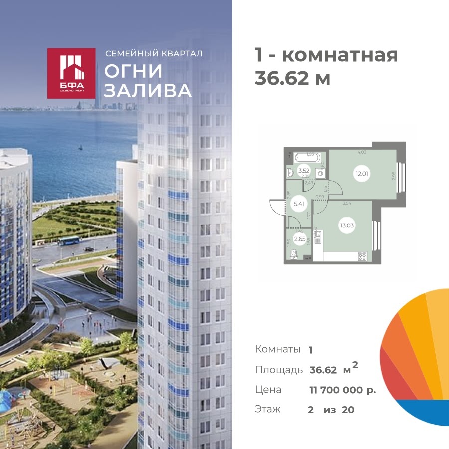 1-комнатная квартира 36.62 м2, 2-й этаж