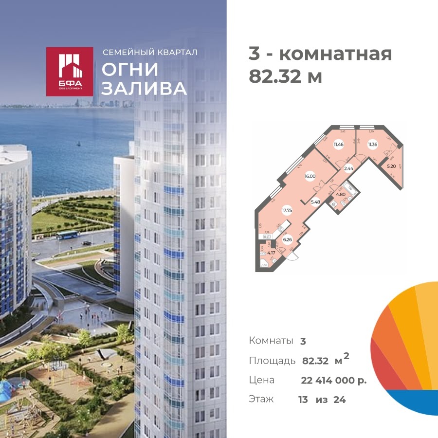 3-комнатная квартира 82.32 м2, 13-й этаж